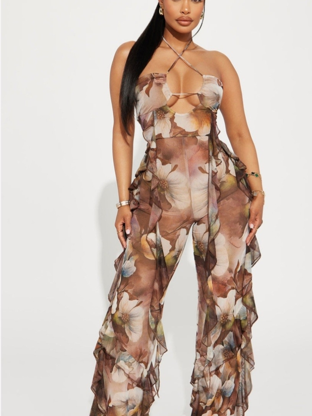 Fashion Nova Brown Multi Floral Ruffle Wide-Leg Jumpsuit - Picture 3 of 3